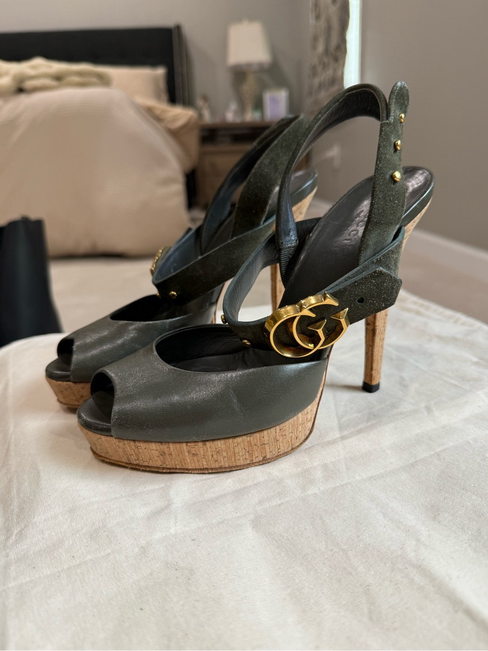 Gucci Olive Green Peep-Toe Cork Platform Slingback Heels with Gold GG Buckle